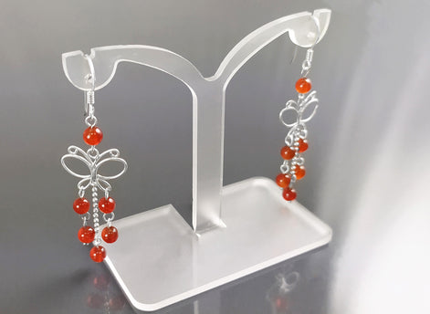 Red Carnelian Earrings, Sterling Silver, Pending Butterfly Dangle Stone Earrings, Carnelian Gemstone, Nature Hooks Earrings, Woman Jewelry