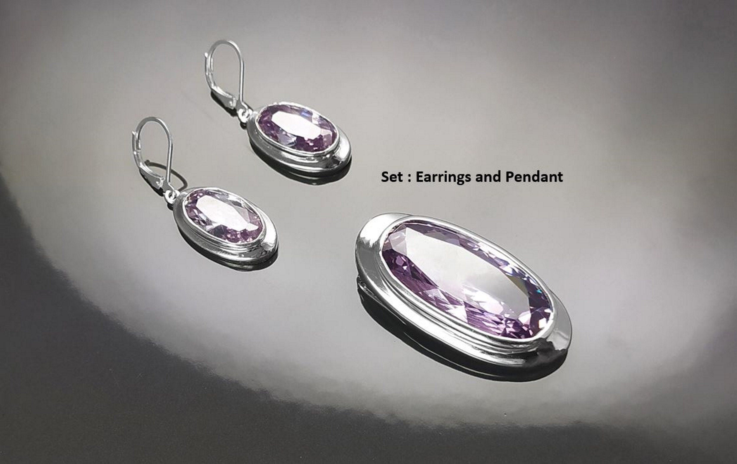 925 Oval cz Amethyst Sterling Silver Pendant, Bezel Set CZ Statement Necklace, Big cz Stone, light violet amethyst color Jewelry