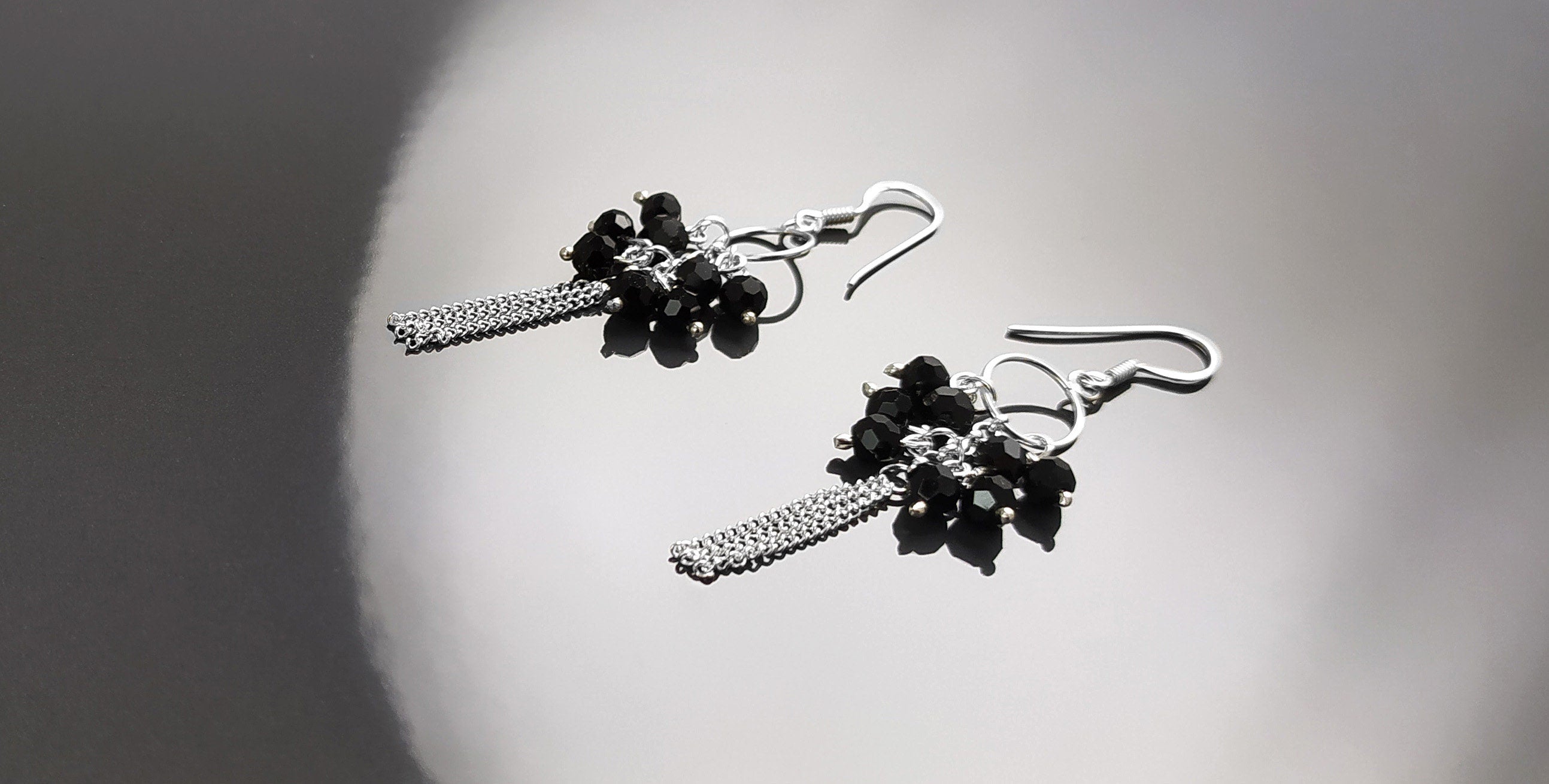 Black Stones Earrings, Sterling Silver, Pending Onyx Gemstone Earrings, Modern Drop Hooks Dangle Chains Earrings, Woman Jewelry