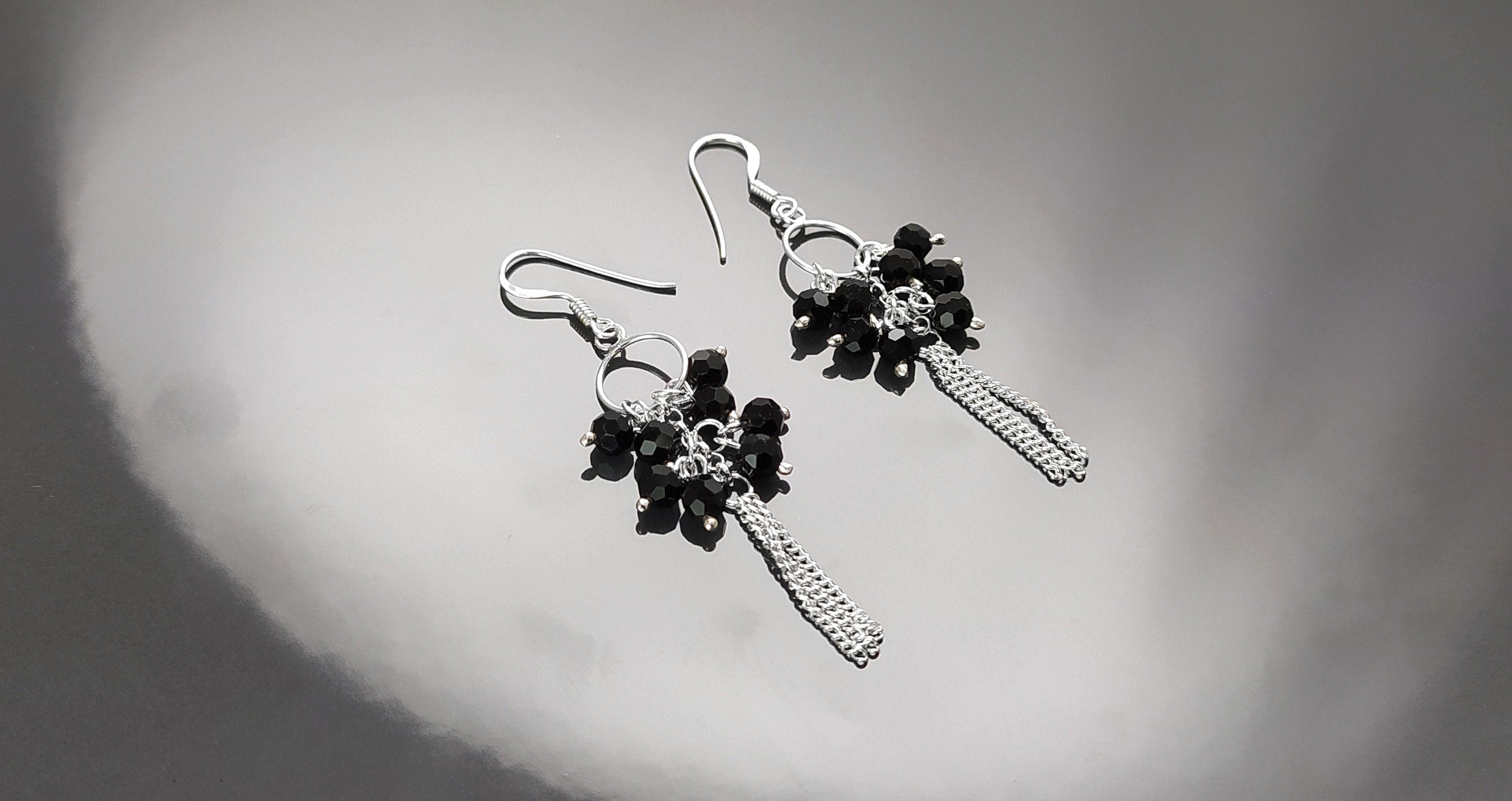 Black Stones Earrings, Sterling Silver, Pending Onyx Gemstone Earrings, Modern Drop Hooks Dangle Chains Earrings, Woman Jewelry