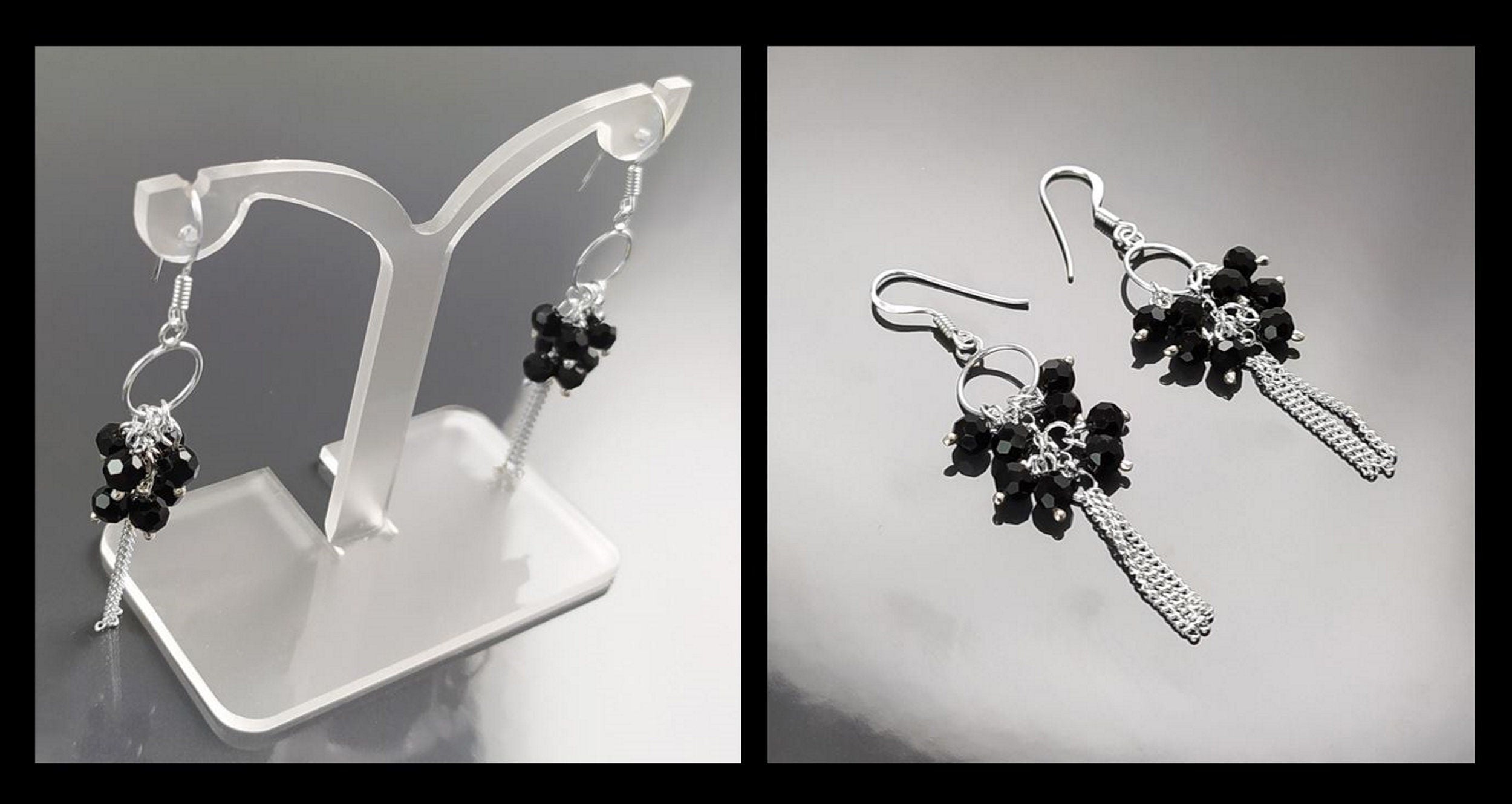 Black Stones Earrings, Sterling Silver, Pending Onyx Gemstone Earrings, Modern Drop Hooks Dangle Chains Earrings, Woman Jewelry