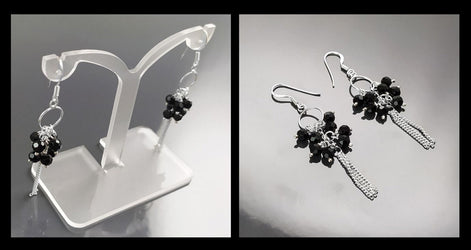 Black Stones Earrings, Sterling Silver, Pending Onyx Gemstone Earrings, Modern Drop Hooks Dangle Chains Earrings, Woman Jewelry