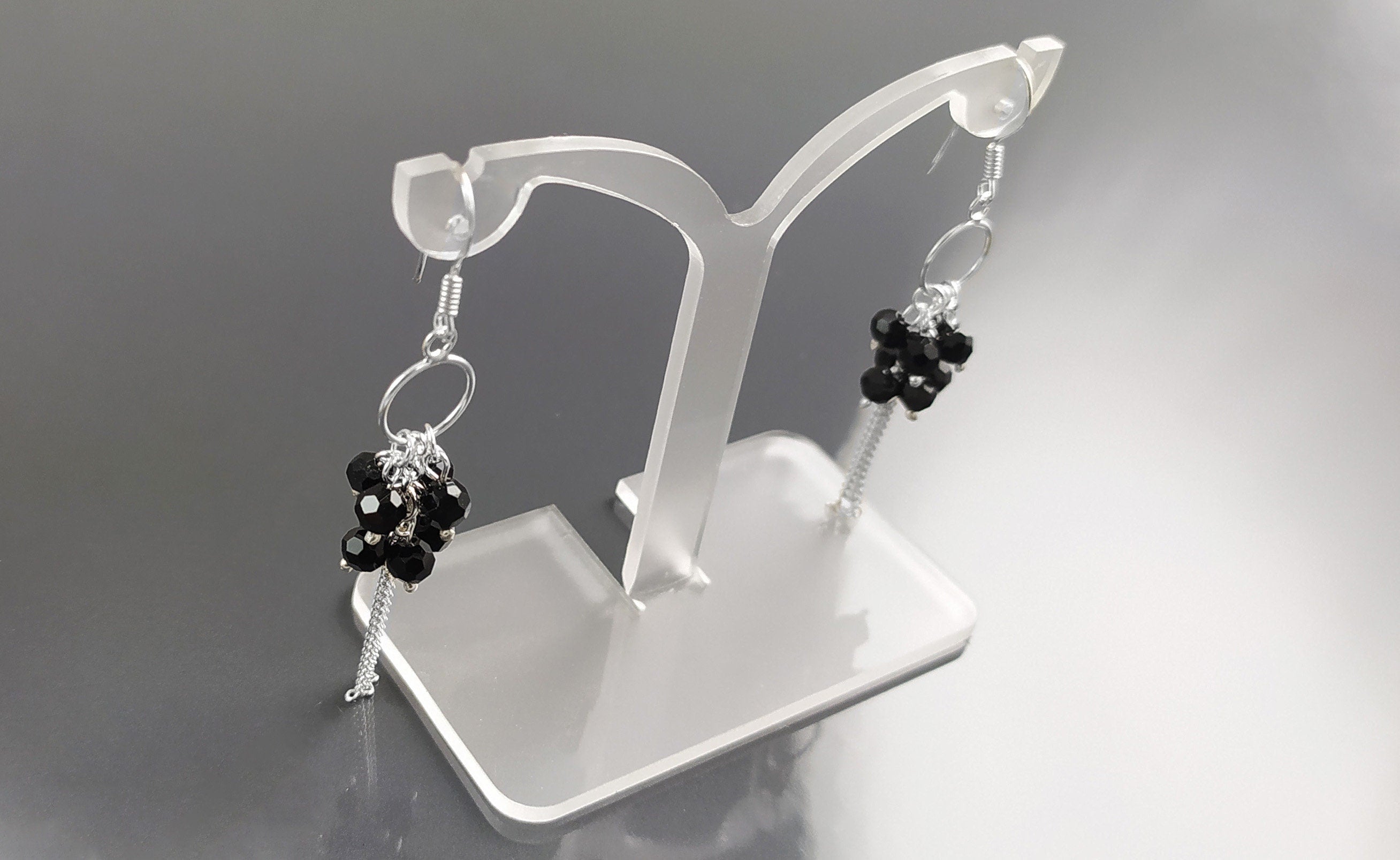Black Stones Earrings, Sterling Silver, Pending Onyx Gemstone Earrings, Modern Drop Hooks Dangle Chains Earrings, Woman Jewelry
