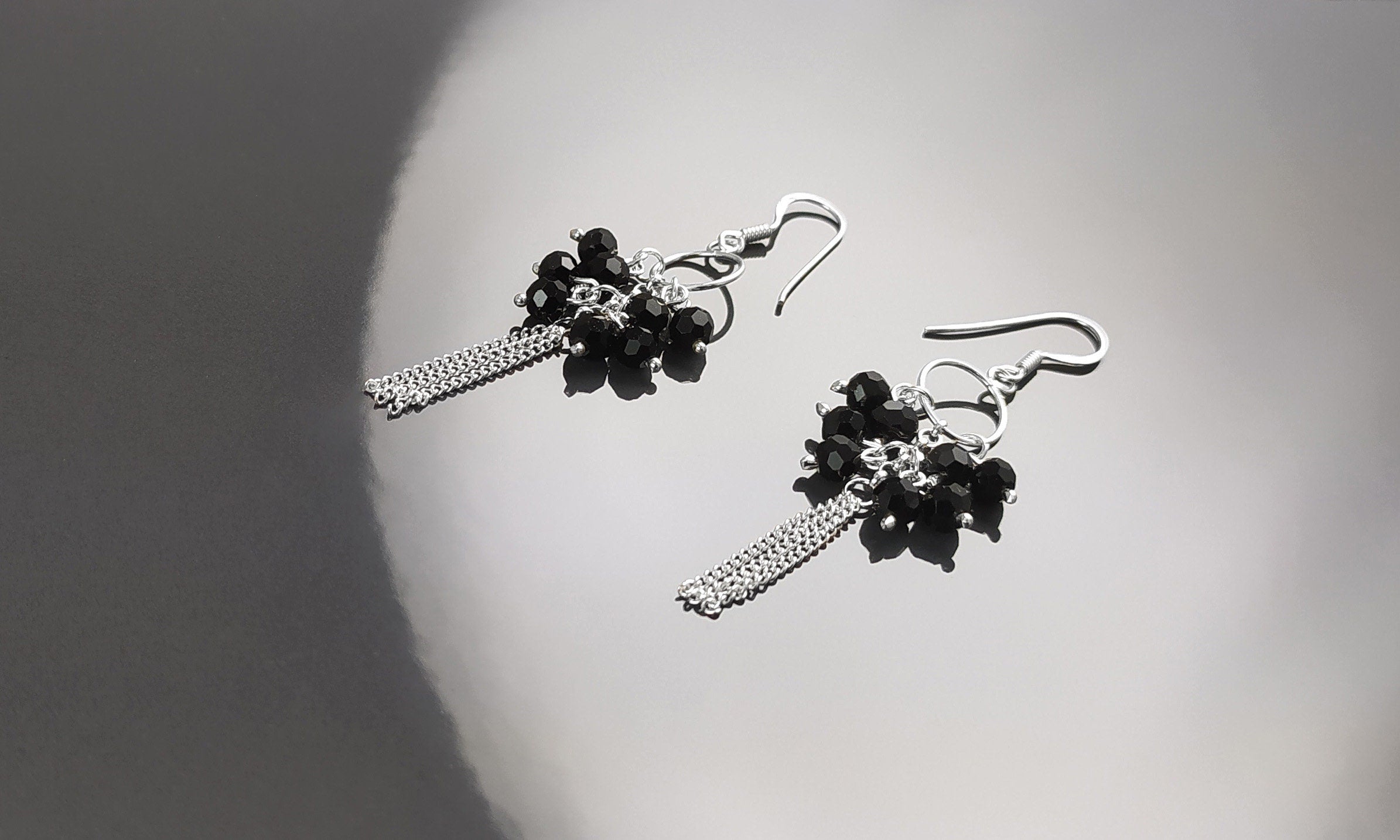 Black Stones Earrings, Sterling Silver, Pending Onyx Gemstone Earrings, Modern Drop Hooks Dangle Chains Earrings, Woman Jewelry