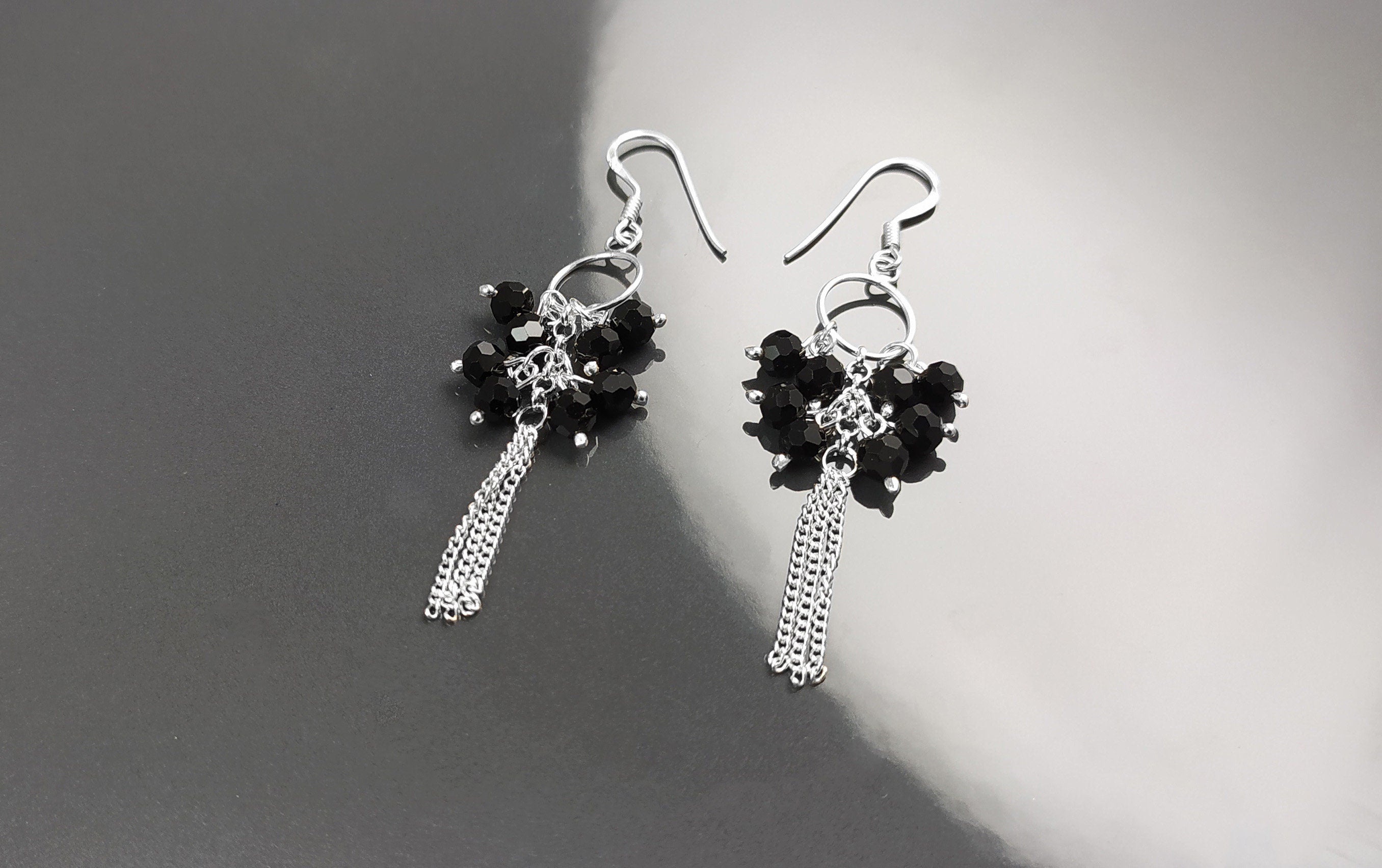 Black Stones Earrings, Sterling Silver, Pending Onyx Gemstone Earrings, Modern Drop Hooks Dangle Chains Earrings, Woman Jewelry