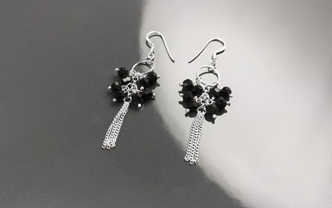 Black Stones Earrings, Sterling Silver, Pending Onyx Gemstone Earrings, Modern Drop Hooks Dangle Chains Earrings, Woman Jewelry