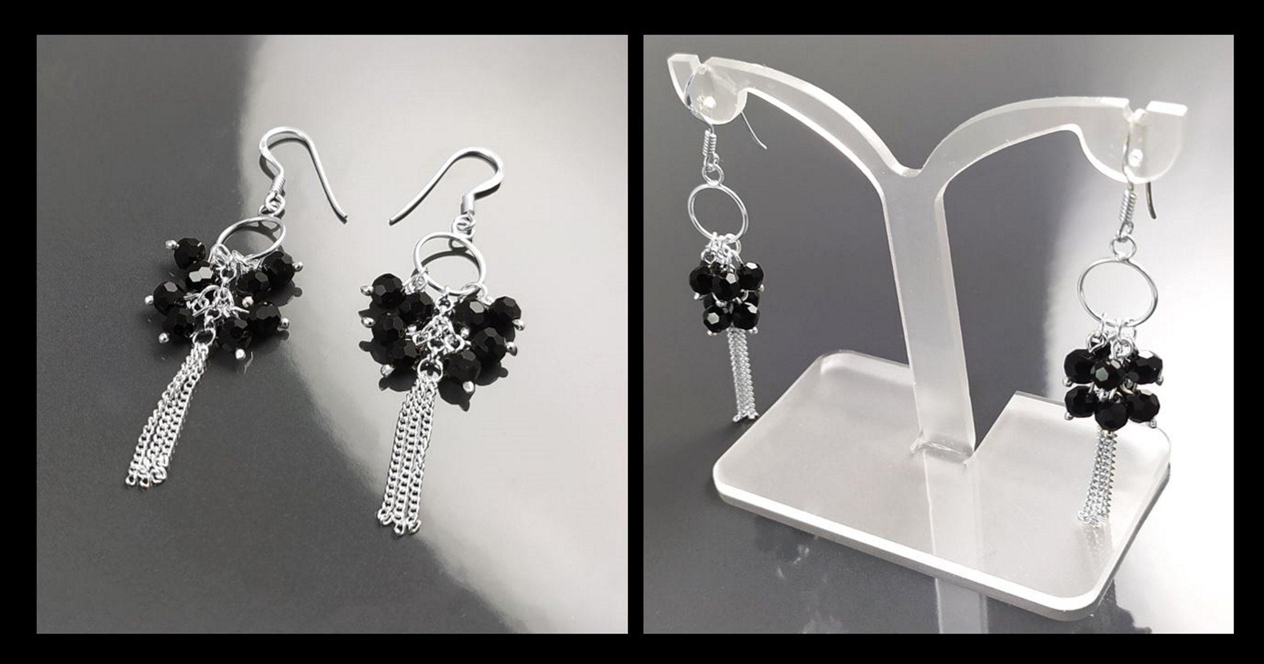 Black Stones Earrings, Sterling Silver, Pending Onyx Gemstone Earrings, Modern Drop Hooks Dangle Chains Earrings, Woman Jewelry