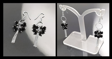 Black Stones Earrings, Sterling Silver, Pending Onyx Gemstone Earrings, Modern Drop Hooks Dangle Chains Earrings, Woman Jewelry