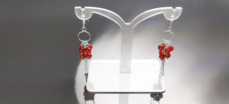 Red Stone Earrings, Sterling Silver, Dangle Pending Balls Earrings, Carnelian Gemstone, Modern Drop Hooks Chains Earrings, Woman Jewelry