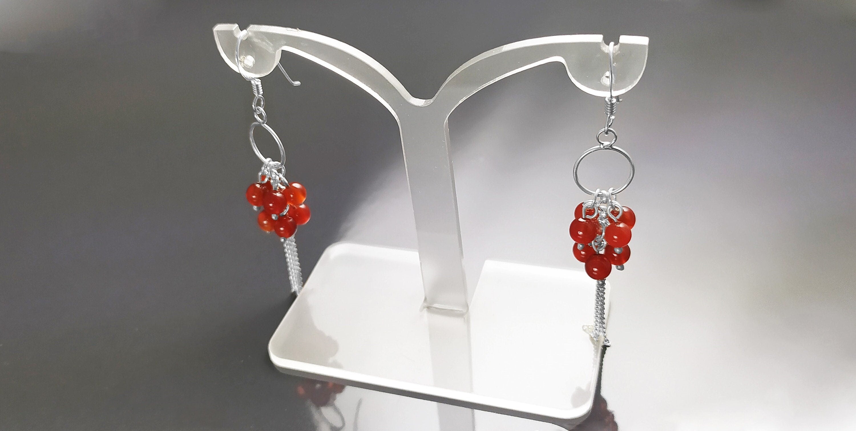 Red Stone Earrings, Sterling Silver, Dangle Pending Balls Earrings, Carnelian Gemstone, Modern Drop Hooks Chains Earrings, Woman Jewelry