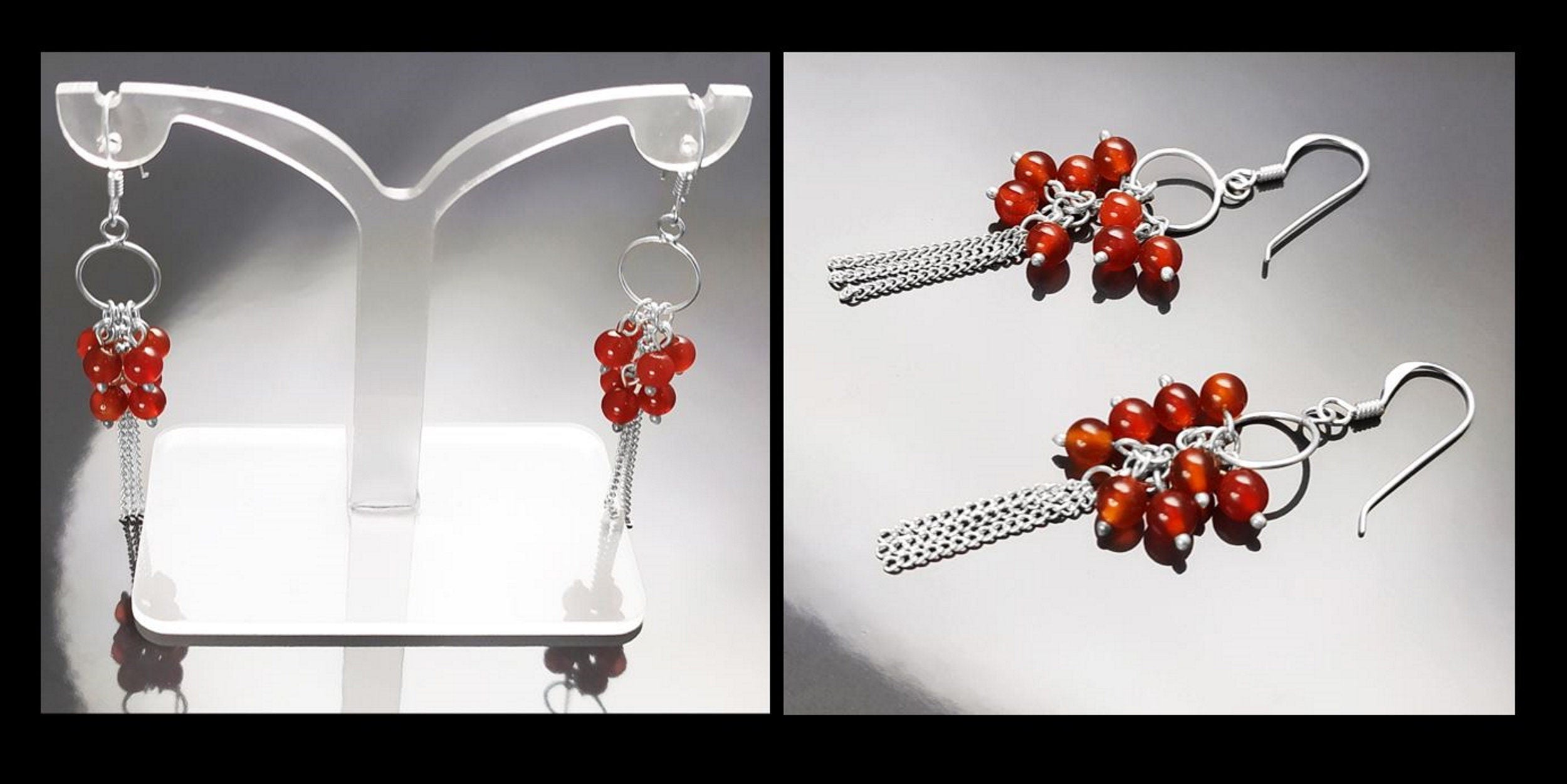 Red Stone Earrings, Sterling Silver, Dangle Pending Balls Earrings, Carnelian Gemstone, Modern Drop Hooks Chains Earrings, Woman Jewelry