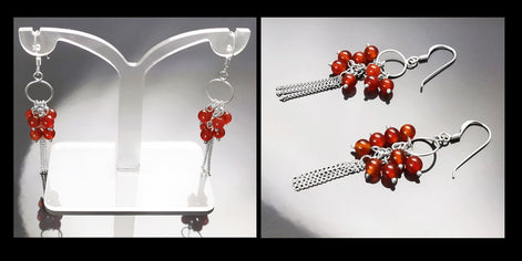 Red Stone Earrings, Sterling Silver, Dangle Pending Balls Earrings, Carnelian Gemstone, Modern Drop Hooks Chains Earrings, Woman Jewelry