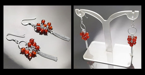 Red Stone Earrings, Sterling Silver, Dangle Pending Balls Earrings, Carnelian Gemstone, Modern Drop Hooks Chains Earrings, Woman Jewelry