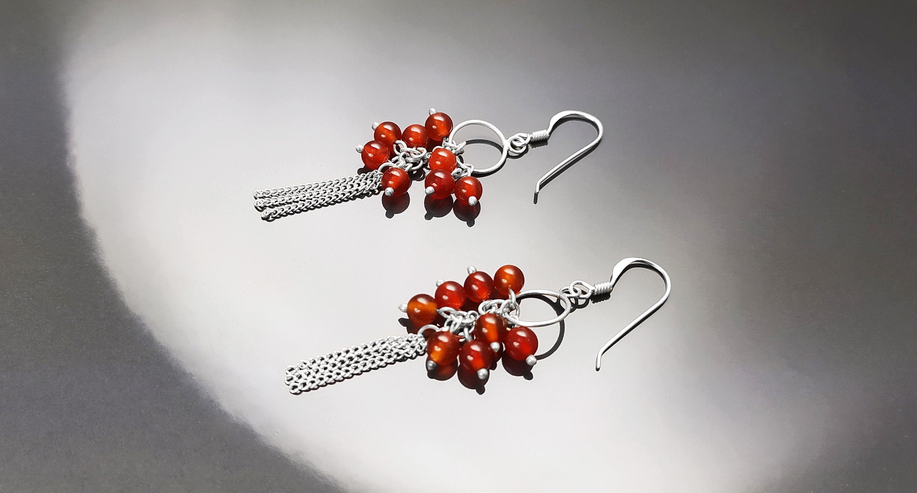 Red Stone Earrings, Sterling Silver, Dangle Pending Balls Earrings, Carnelian Gemstone, Modern Drop Hooks Chains Earrings, Woman Jewelry