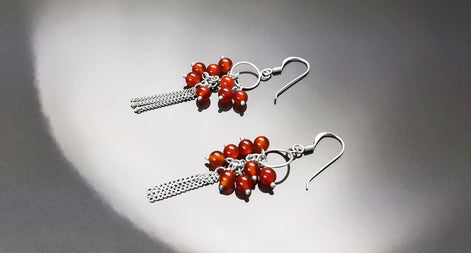 Red Stone Earrings, Sterling Silver, Dangle Pending Balls Earrings, Carnelian Gemstone, Modern Drop Hooks Chains Earrings, Woman Jewelry