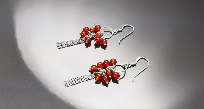 Red Stone Earrings, Sterling Silver, Dangle Pending Balls Earrings, Carnelian Gemstone, Modern Drop Hooks Chains Earrings, Woman Jewelry
