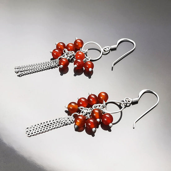 Red Stone Earrings, Sterling Silver, Dangle Pending Balls Earrings, Carnelian Gemstone, Modern Drop Hooks Chains Earrings, Woman Jewelry