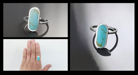 Turquoise Ring, Sterling Silver, Oval Blue Turquoise Stone, Flat Stone Ring, Minimalist Everyday Style Jewelry, Modern Gift