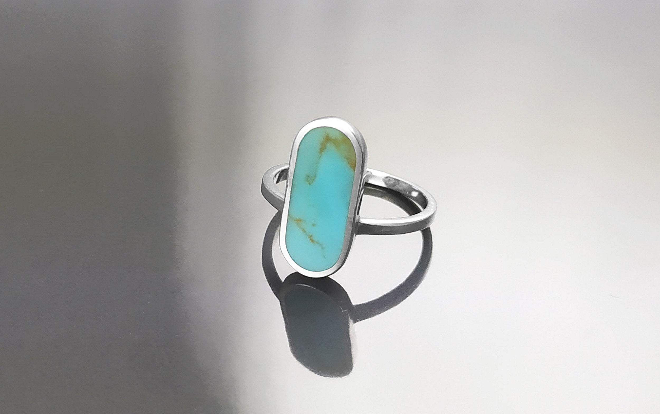 Turquoise Ring, Sterling Silver, Oval Blue Turquoise Stone, Flat Stone Ring, Minimalist Everyday Style Jewelry, Modern Gift