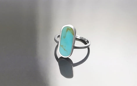 Turquoise Ring, Sterling Silver, Oval Blue Turquoise Stone, Flat Stone Ring, Minimalist Everyday Style Jewelry, Modern Gift