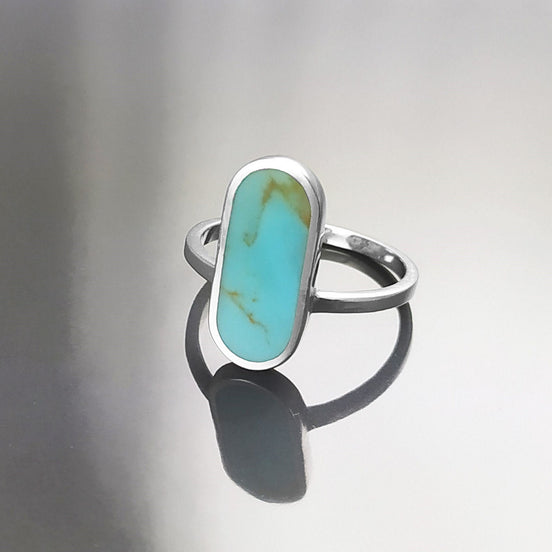 Turquoise Ring, Sterling Silver, Oval Blue Turquoise Stone, Flat Stone Ring, Minimalist Everyday Style Jewelry, Modern Gift