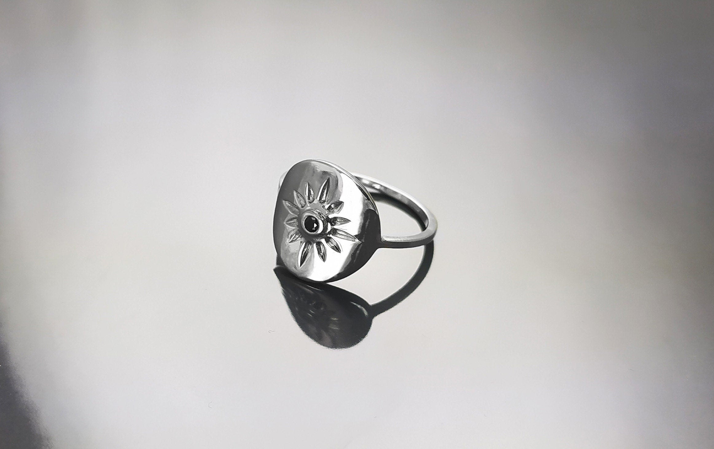 Boho Sun Ring, Sterling Silver, day star, Black Cz Stone, Celestial luminary body symbol, Solar energy protection amulet, summer jewelry