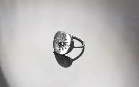 Boho Sun Ring, Sterling Silver, day star, Black Cz Stone, Celestial luminary body symbol, Solar energy protection amulet, summer jewelry