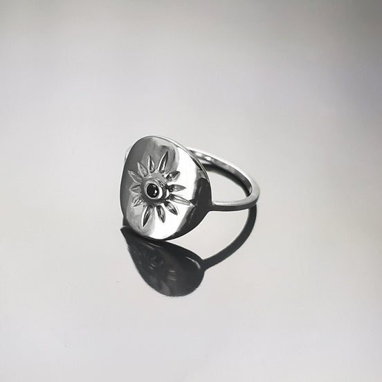 Boho Sun Ring, Sterling Silver, day star, Black Cz Stone, Celestial luminary body symbol, Solar energy protection amulet, summer jewelry