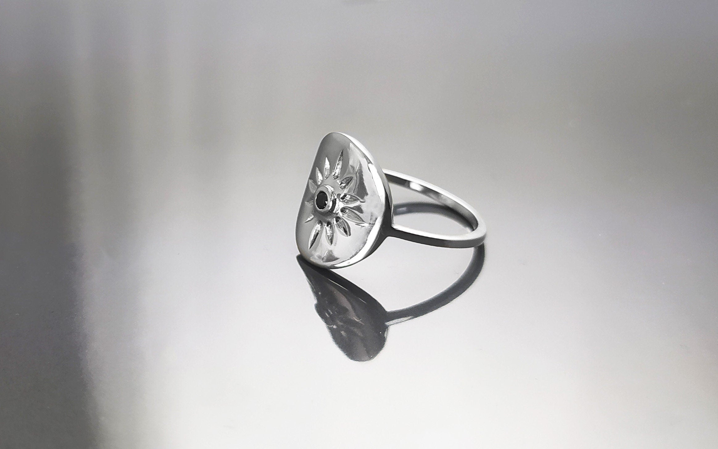 Boho Sun Ring, Sterling Silver, day star, Black Cz Stone, Celestial luminary body symbol, Solar energy protection amulet, summer jewelry