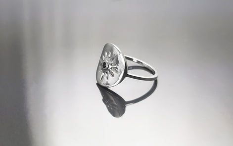Boho Sun Ring, Sterling Silver, day star, Black Cz Stone, Celestial luminary body symbol, Solar energy protection amulet, summer jewelry