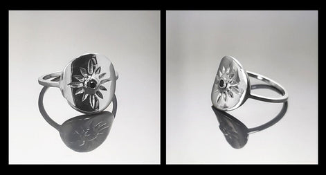Boho Sun Ring, Sterling Silver, day star, Black Cz Stone, Celestial luminary body symbol, Solar energy protection amulet, summer jewelry