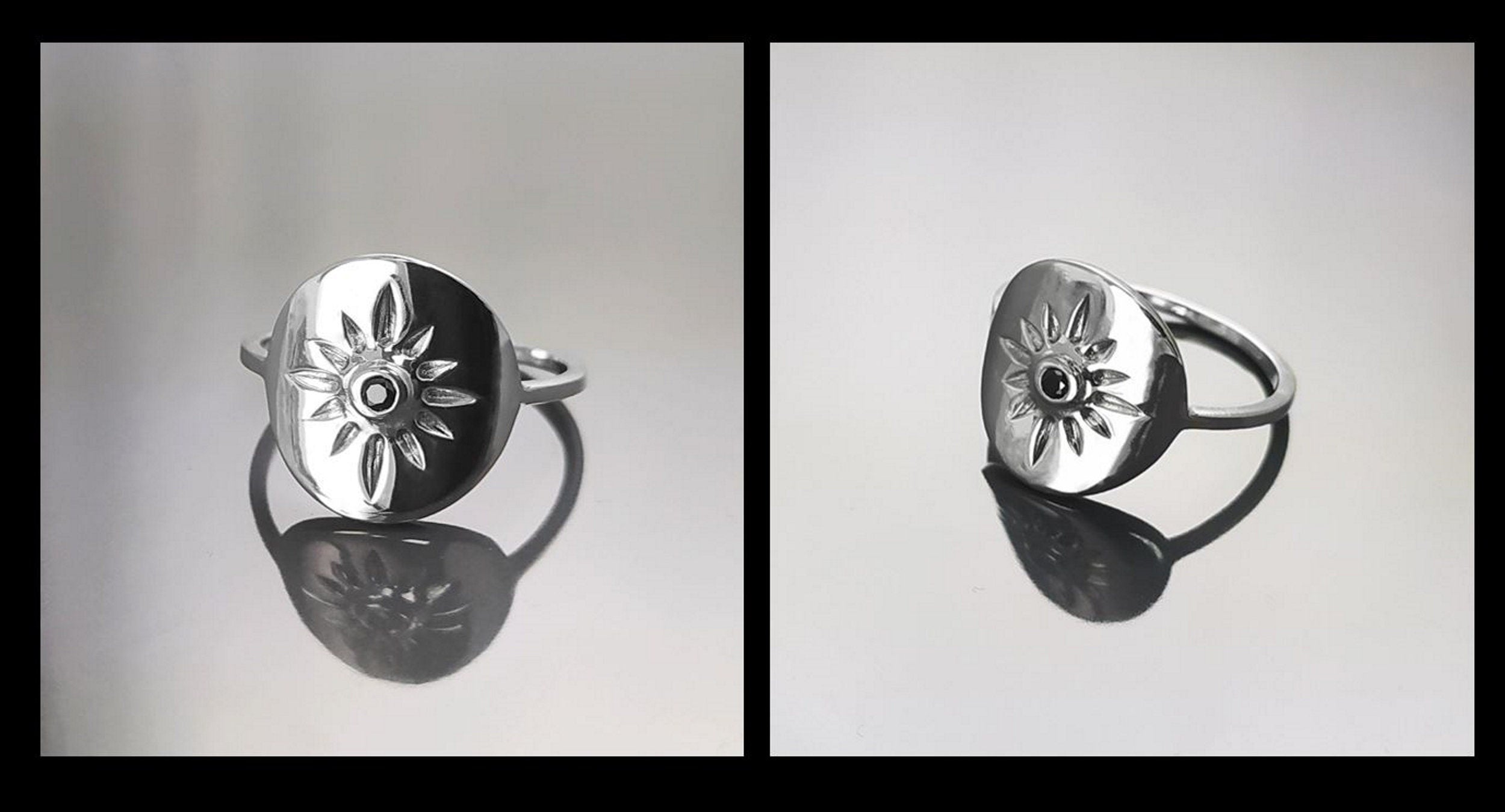 Boho Sun Ring, Sterling Silver, day star, Black Cz Stone, Celestial luminary body symbol, Solar energy protection amulet, summer jewelry