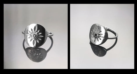 Boho Sun Ring, Sterling Silver, day star, Black Cz Stone, Celestial luminary body symbol, Solar energy protection amulet, summer jewelry