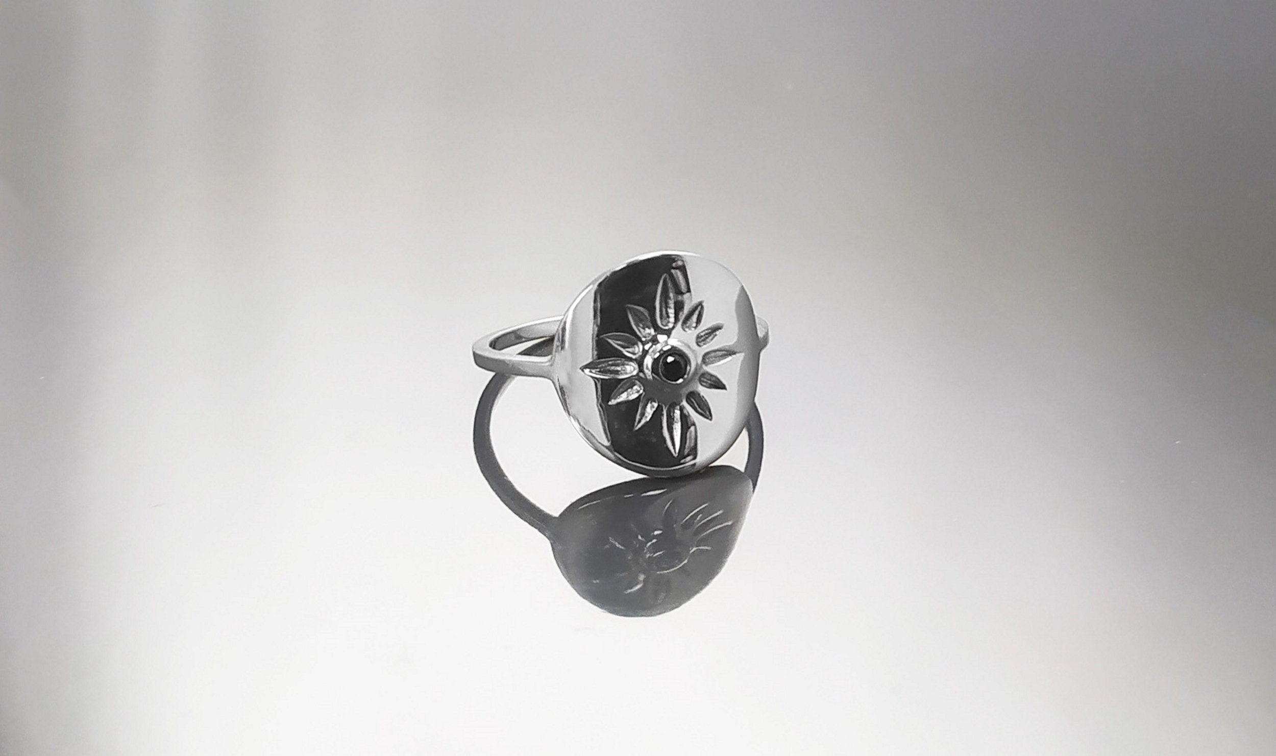 Boho Sun Ring, Sterling Silver, day star, Black Cz Stone, Celestial luminary body symbol, Solar energy protection amulet, summer jewelry