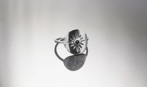 Boho Sun Ring, Sterling Silver, day star, Black Cz Stone, Celestial luminary body symbol, Solar energy protection amulet, summer jewelry