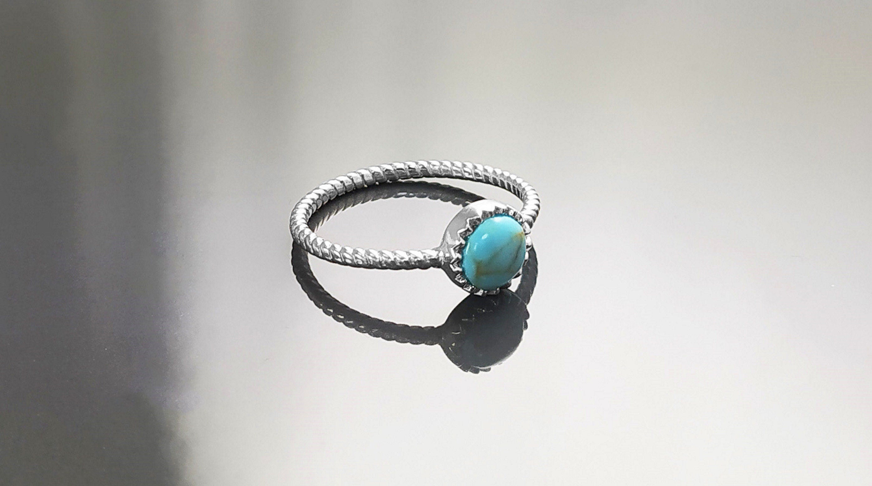 Round Turquoise Ring, Sterling Silver, Blue Turquoise Domed Stone, Boho Braided Band Ring with Braid, Minimalist Everyday Style jewelry