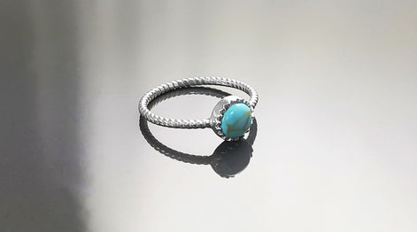 Round Turquoise Ring, Sterling Silver, Blue Turquoise Domed Stone, Boho Braided Band Ring with Braid, Minimalist Everyday Style jewelry