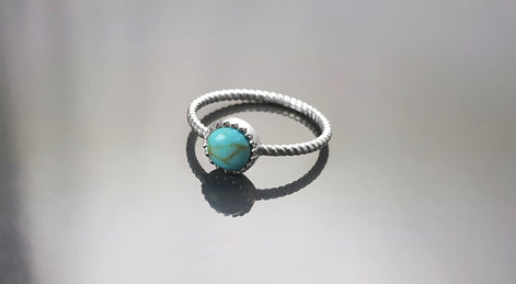 Round Turquoise Ring, Sterling Silver, Blue Turquoise Domed Stone, Boho Braided Band Ring with Braid, Minimalist Everyday Style jewelry