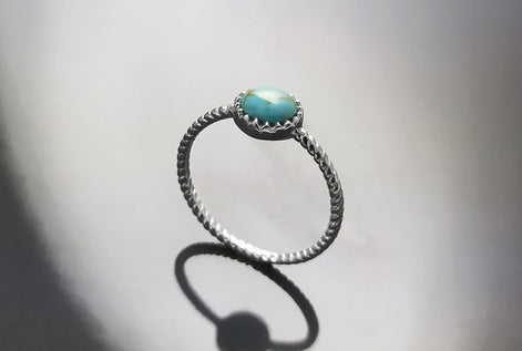 Round Turquoise Ring, Sterling Silver, Blue Turquoise Domed Stone, Boho Braided Band Ring with Braid, Minimalist Everyday Style jewelry