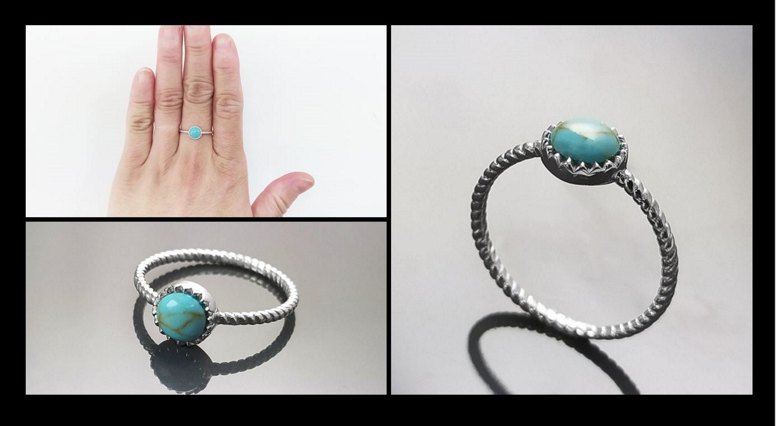 Round Turquoise Ring, Sterling Silver, Blue Turquoise Domed Stone, Boho Braided Band Ring with Braid, Minimalist Everyday Style jewelry