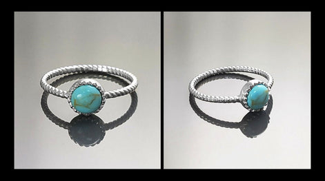 Round Turquoise Ring, Sterling Silver, Blue Turquoise Domed Stone, Boho Braided Band Ring with Braid, Minimalist Everyday Style jewelry