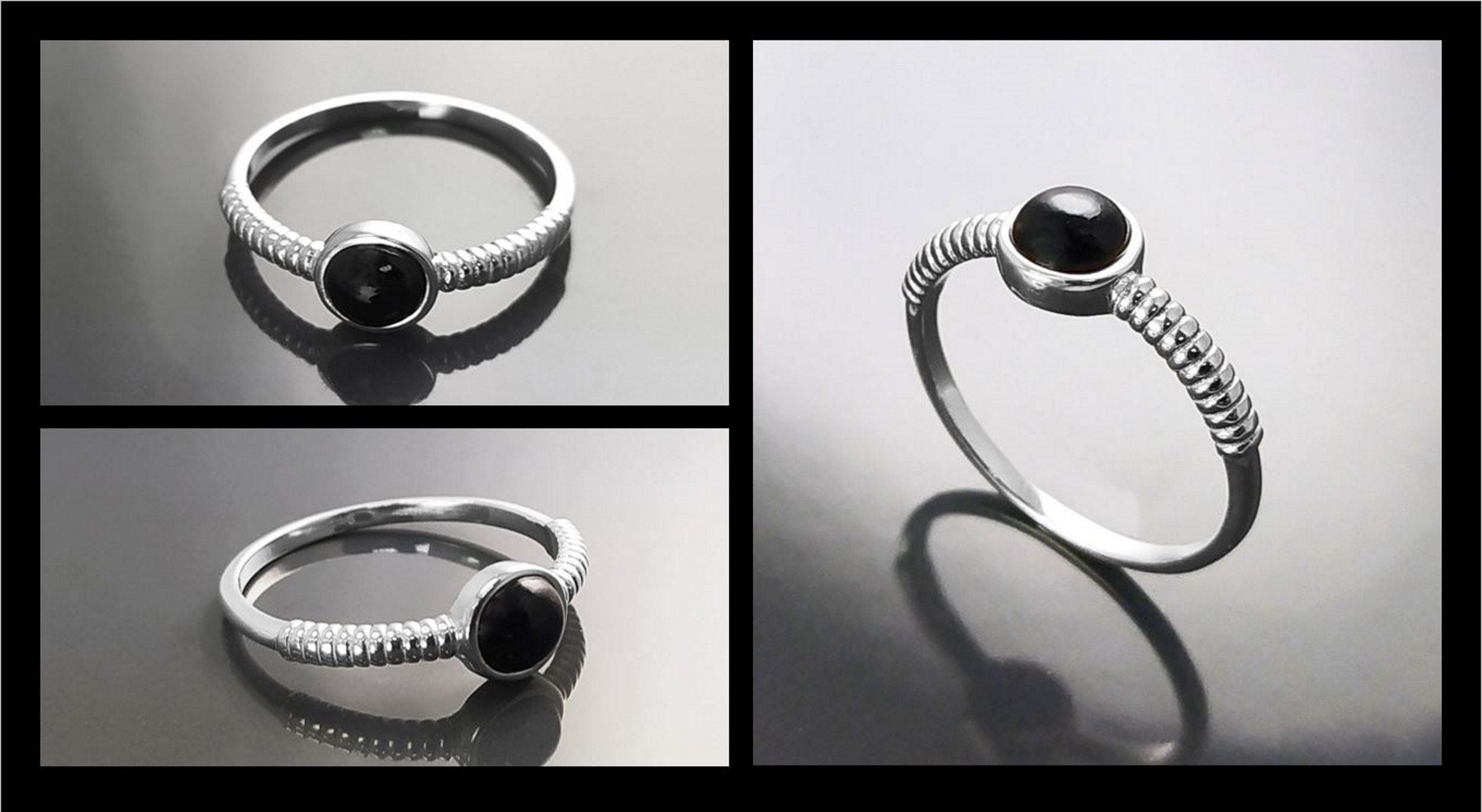 925 Round Onyx Ring, Sterling Silver, Black Onyx Gemstone, Small Domed Stone, Modern Ethnic Chic Braided Band Shank, Casual Style Jewelry
