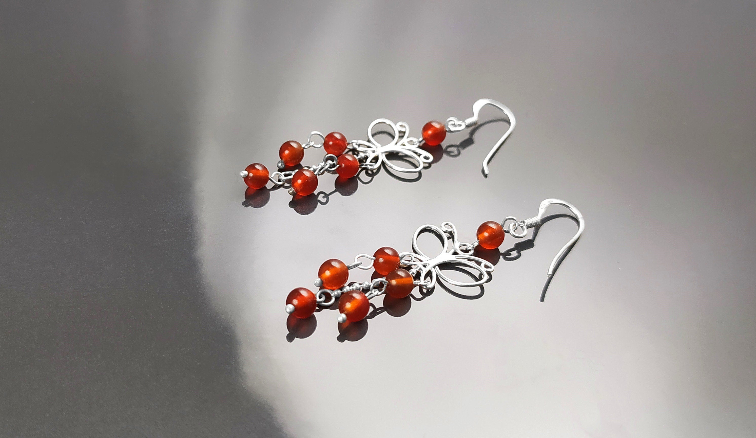Red Carnelian Earrings, Sterling Silver, Pending Butterfly Dangle Stone Earrings, Carnelian Gemstone, Nature Hooks Earrings, Woman Jewelry