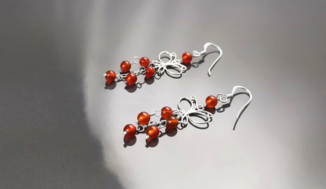 Red Carnelian Earrings, Sterling Silver, Pending Butterfly Dangle Stone Earrings, Carnelian Gemstone, Nature Hooks Earrings, Woman Jewelry