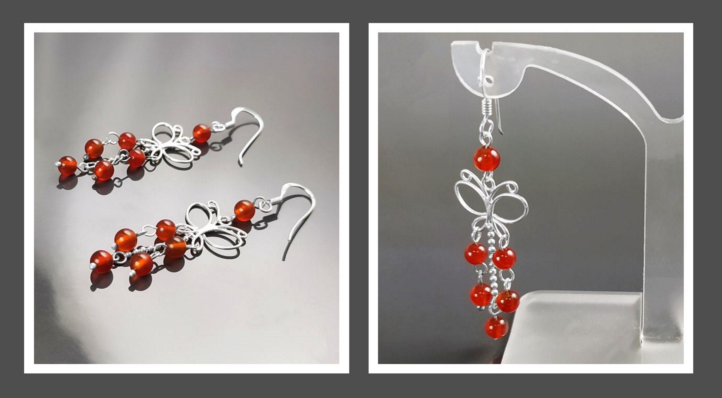 Red Carnelian Earrings, Sterling Silver, Pending Butterfly Dangle Stone Earrings, Carnelian Gemstone, Nature Hooks Earrings, Woman Jewelry