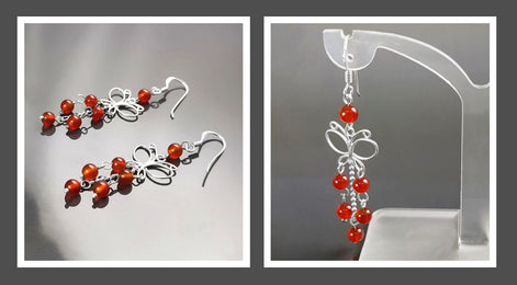 Red Carnelian Earrings, Sterling Silver, Pending Butterfly Dangle Stone Earrings, Carnelian Gemstone, Nature Hooks Earrings, Woman Jewelry