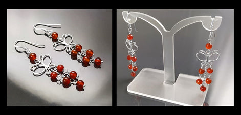 Red Carnelian Earrings, Sterling Silver, Pending Butterfly Dangle Stone Earrings, Carnelian Gemstone, Nature Hooks Earrings, Woman Jewelry