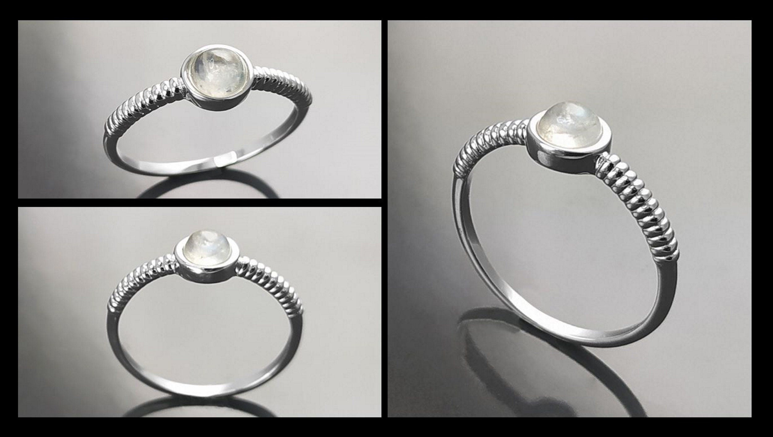 925 Round Moonstone Ring, Sterling Silver, Rainbow Gemstone, Small Domed Stone, Modern Ethnic Chic Braided Band Shank, Casual Style Jewelry