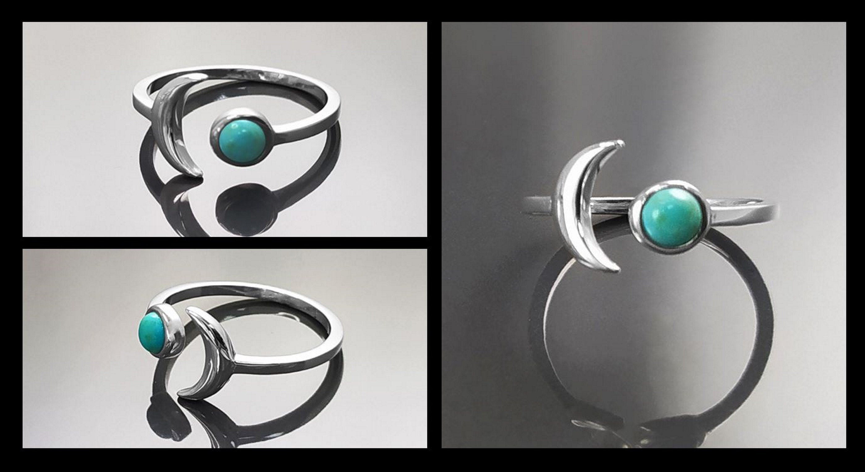 Turquoise Crescent Moon Ring, Sterling Silver, Boho Chakra Stellar Cosmic Jewelry, Lunar Open Ring, Celestial Round Blue Stone Ring