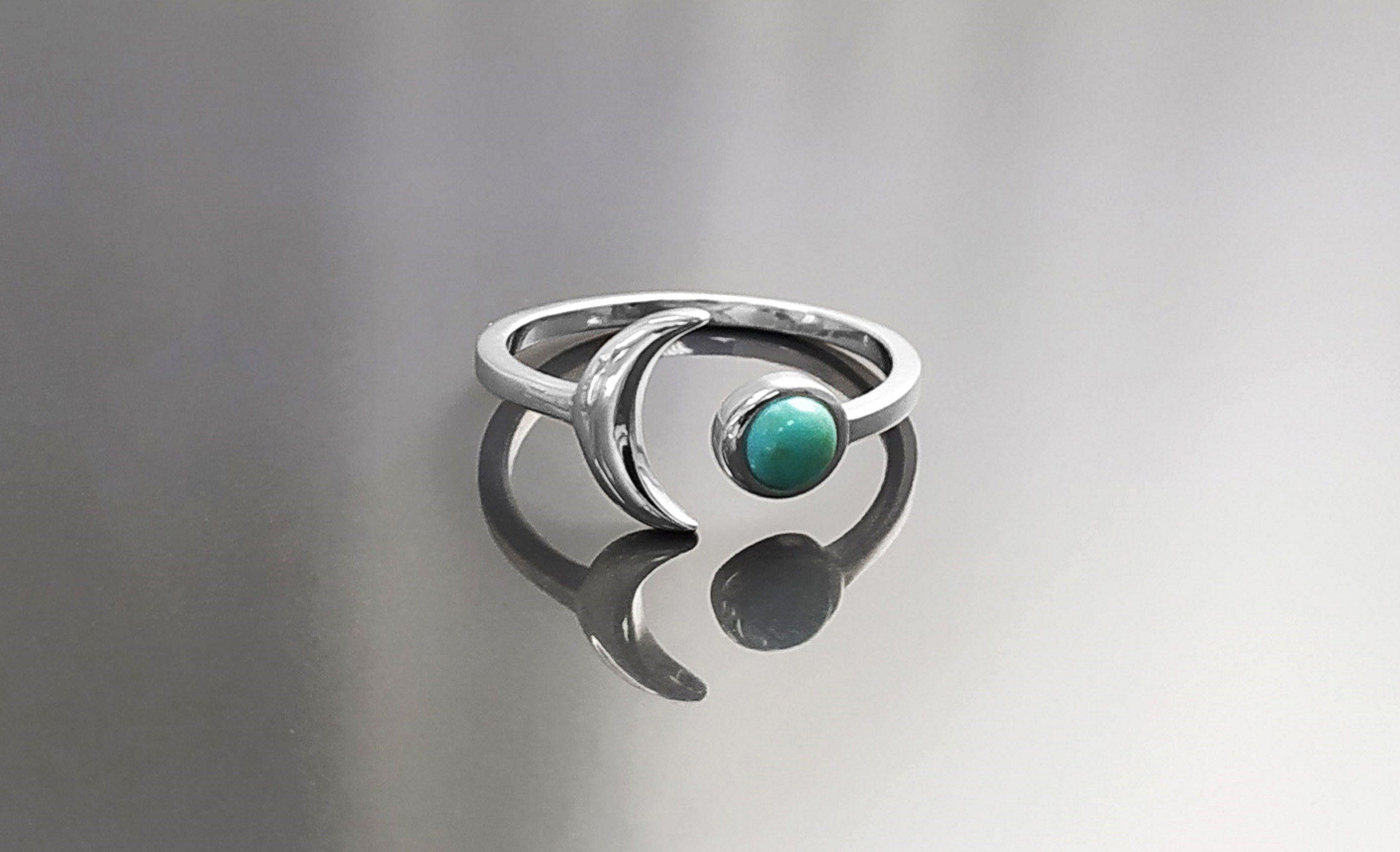 Turquoise Crescent Moon Ring, Sterling Silver, Boho Chakra Stellar Cosmic Jewelry, Lunar Open Ring, Celestial Round Blue Stone Ring